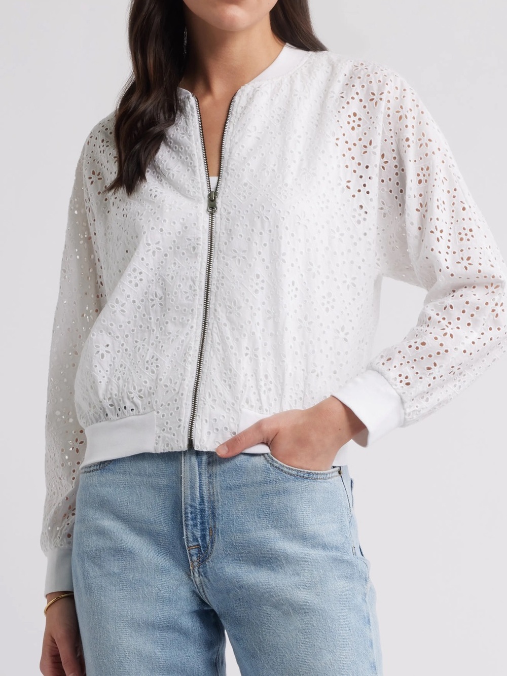 Caslon White Eyelet Zip Bomber Jacket